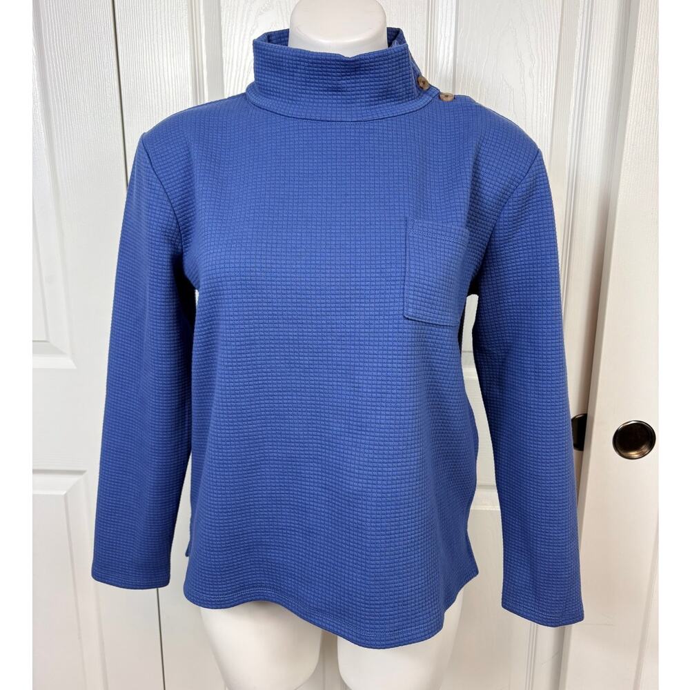 Talbots Petite Blue Waffle Knit Mock Neck Sweatshirt Size MP